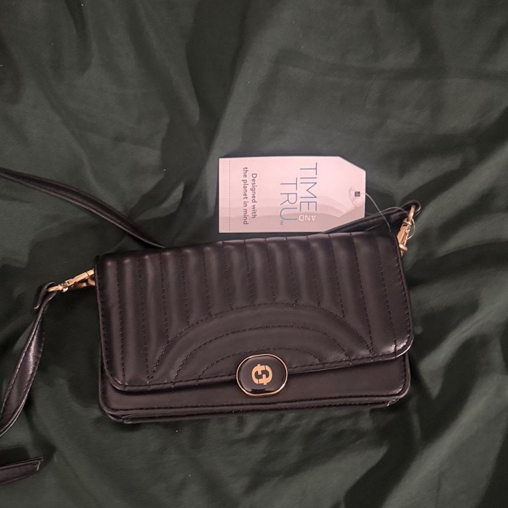 Time and Tru Black Quilted Crossbody Bag with Gold Accents